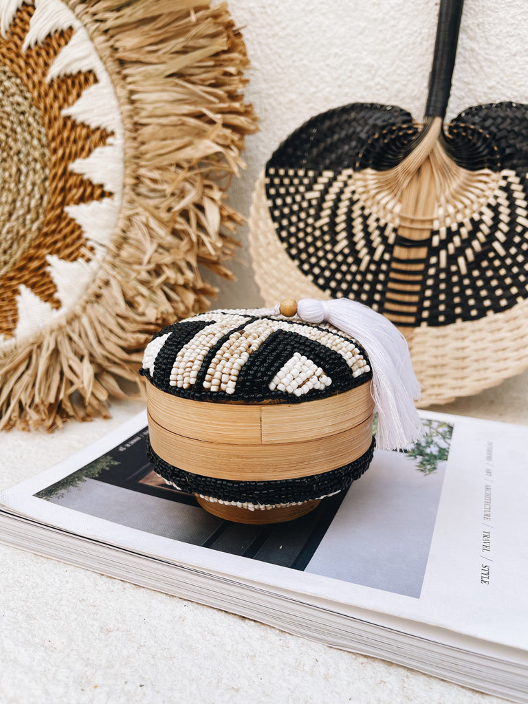 Melasti Bead Box Round with Tassel - Sand Beach